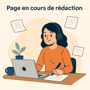 Illustration d'une assistante travaillant sur un ordinateur, casque audio sur les oreilles, entourée de feuilles de papier volantes – Page en cours de rédaction