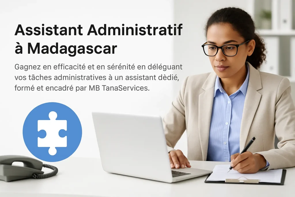 Femme assistant administratif à Madagascar travaillant sur ordinateur pour MB TanaServices