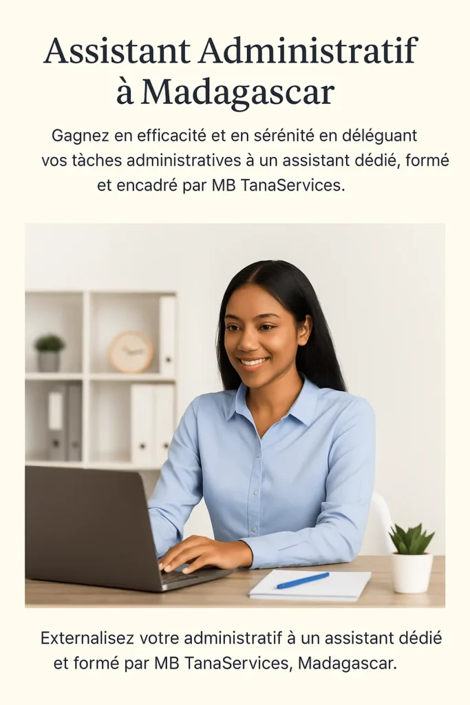 Assistante administrative malgache souriante travaillant sur ordinateur dans un cadre professionnel encadré par MB TanaServices